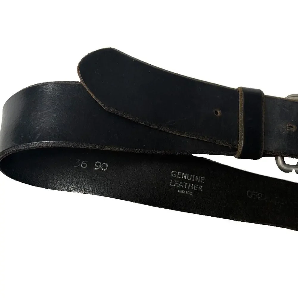 Mens Genuine Leather Belt Vintage Solid Black Size 36 Mexico Silver Buckle